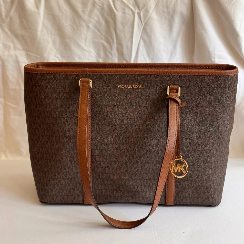 Michael Kors Sady Large Logo Canvas Top-Zip Laptop Travel Tote Brown - Picture 2 of 11